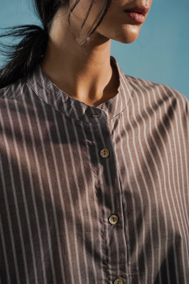 BROWN COTTON STRIPE SHIRT DRESS