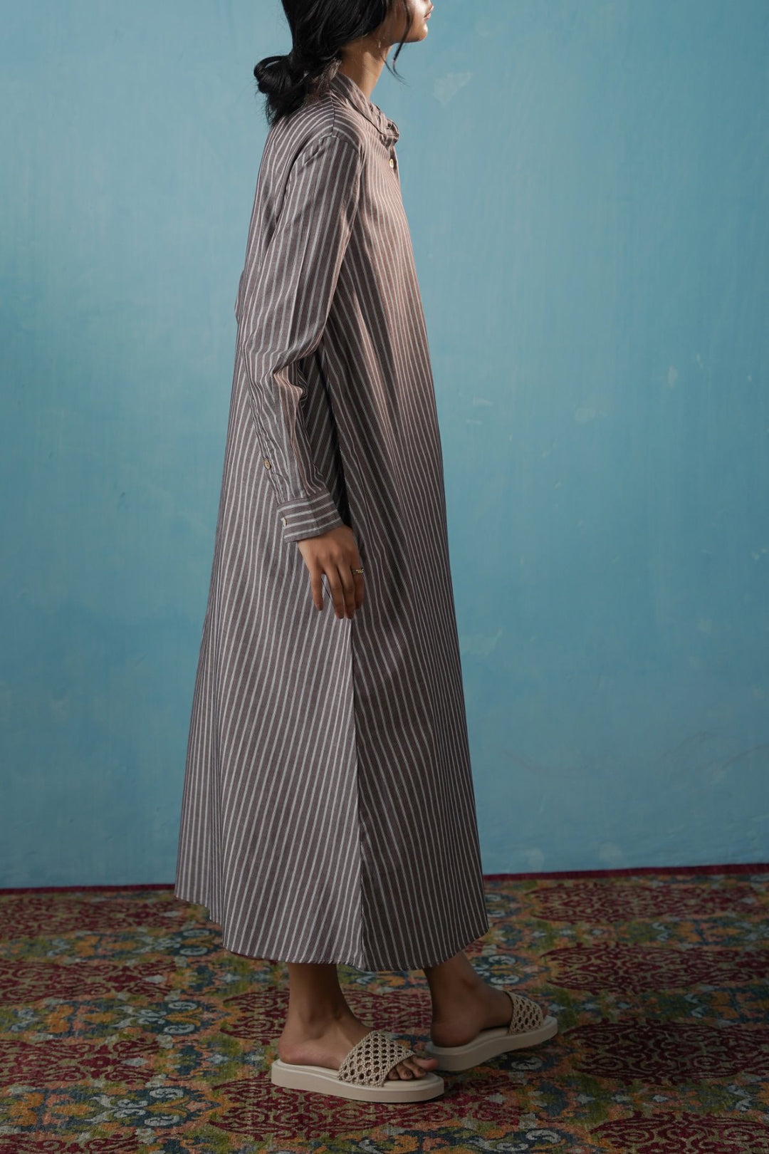BROWN COTTON STRIPE SHIRT DRESS