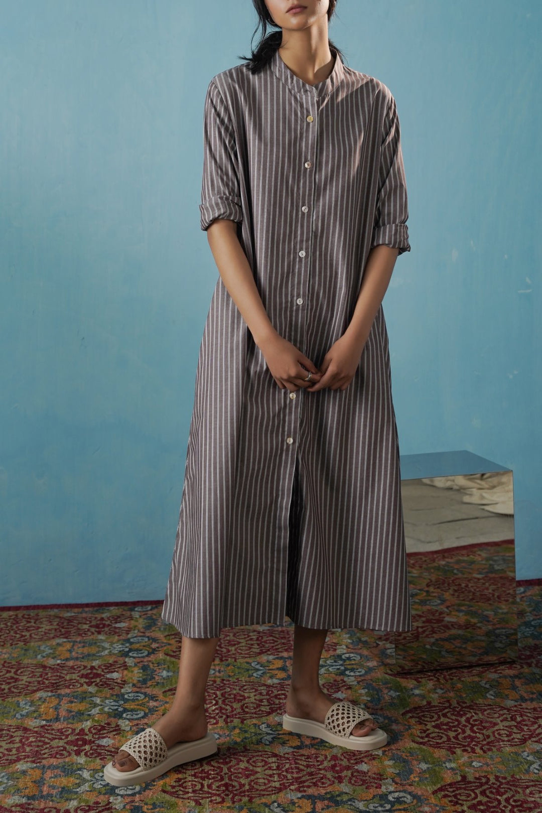 BROWN COTTON STRIPE SHIRT DRESS