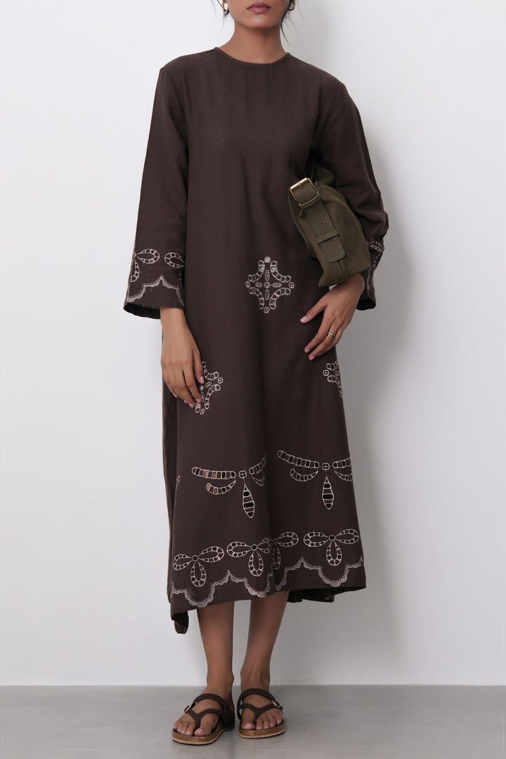 BROWN EMBROIDERED COTTON DRESS