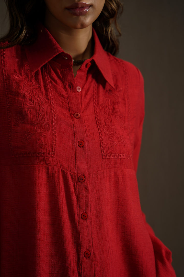 RED WILDFLOWER EMBROIDERED DRESS
