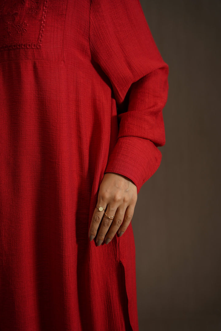 RED WILDFLOWER EMBROIDERED DRESS
