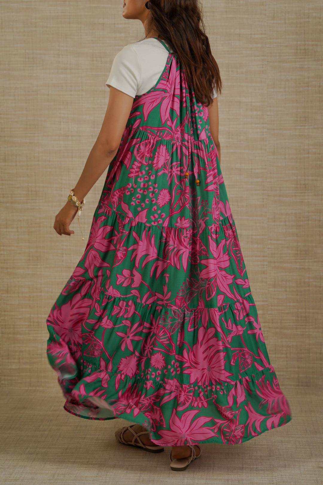 GREEN FLORA TIERED DRESS