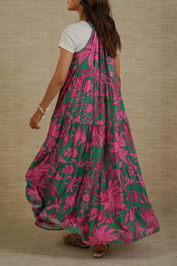 GREEN FLORA TIERED DRESS