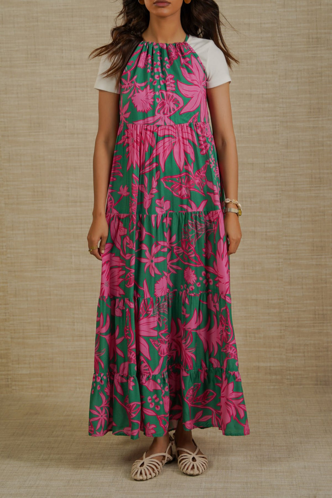GREEN FLORA TIERED DRESS