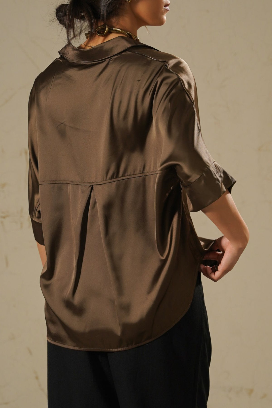 BROWN EVENING SATIN BLOUSE