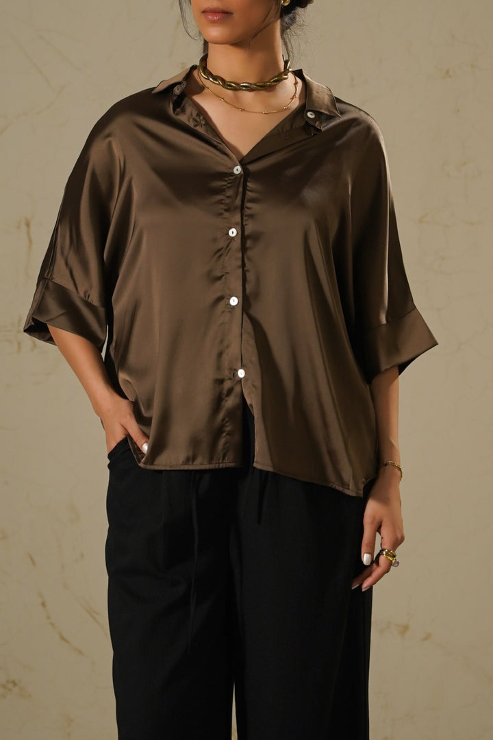 BROWN EVENING SATIN BLOUSE