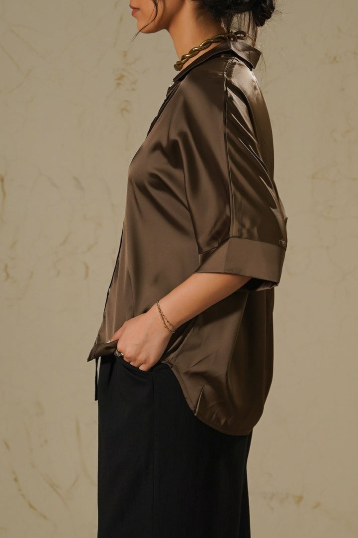 BROWN EVENING SATIN BLOUSE