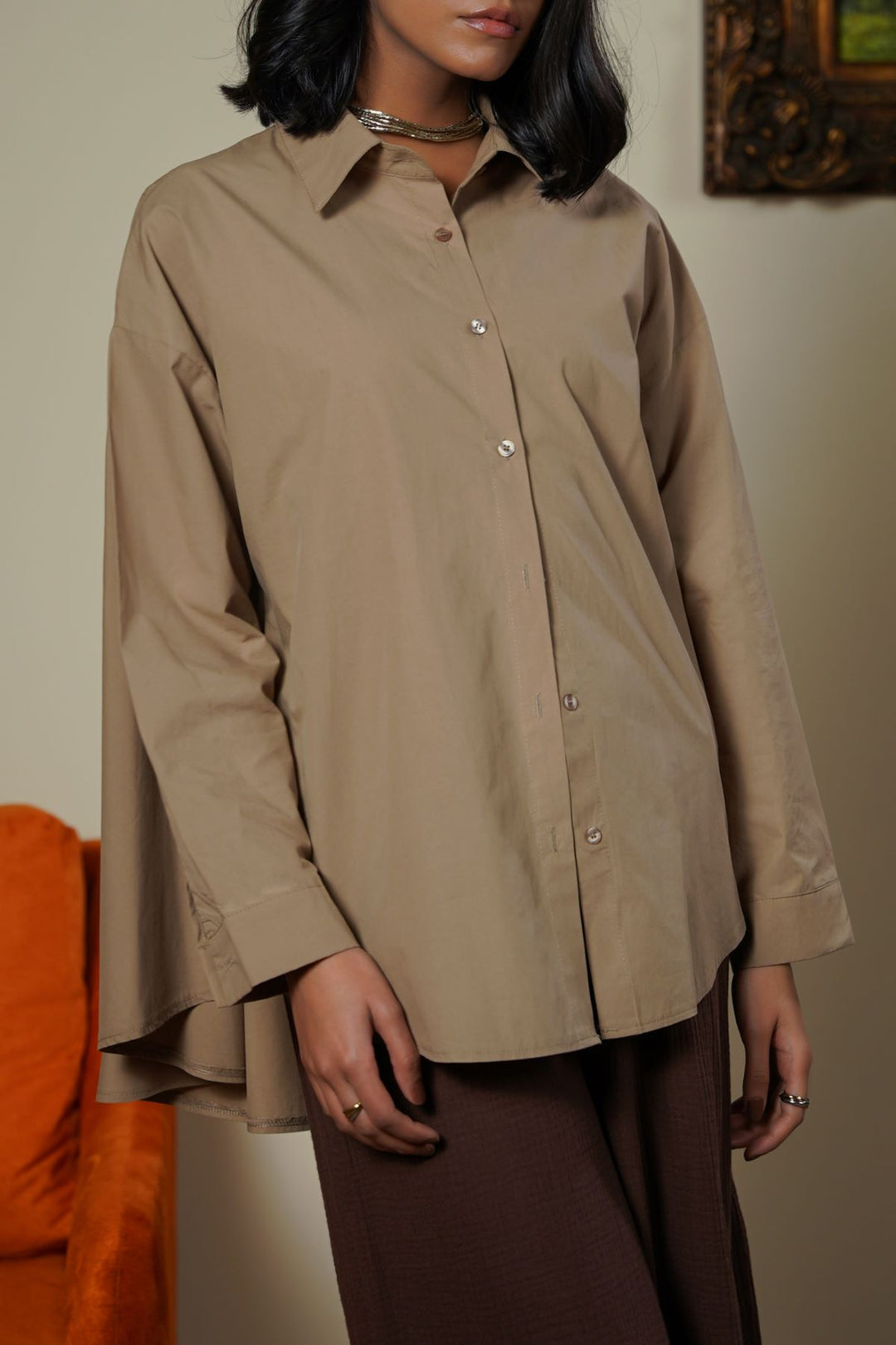 TAUPE OVERSIZED COTTON BLOUSE