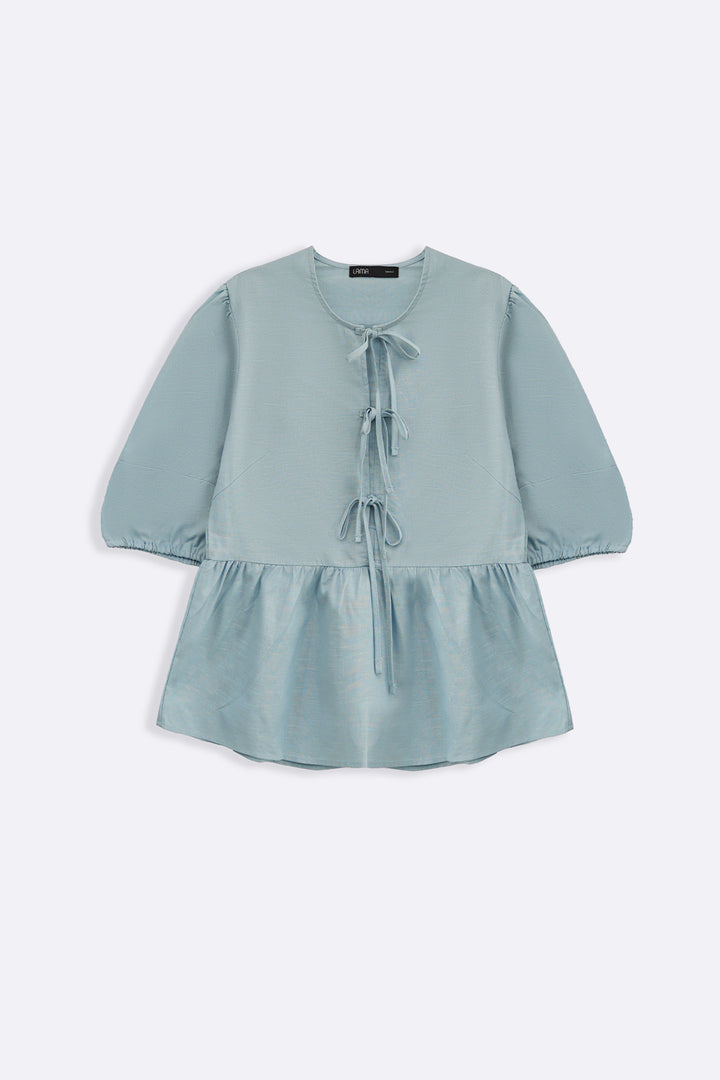BLUE LINEN COTTON FLOUNCE TOP