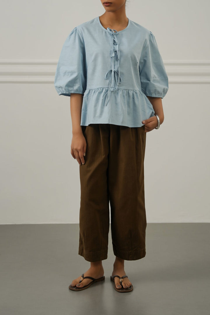 BLUE LINEN COTTON FLOUNCE TOP