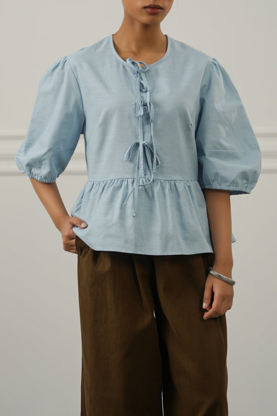 BLUE LINEN COTTON FLOUNCE TOP