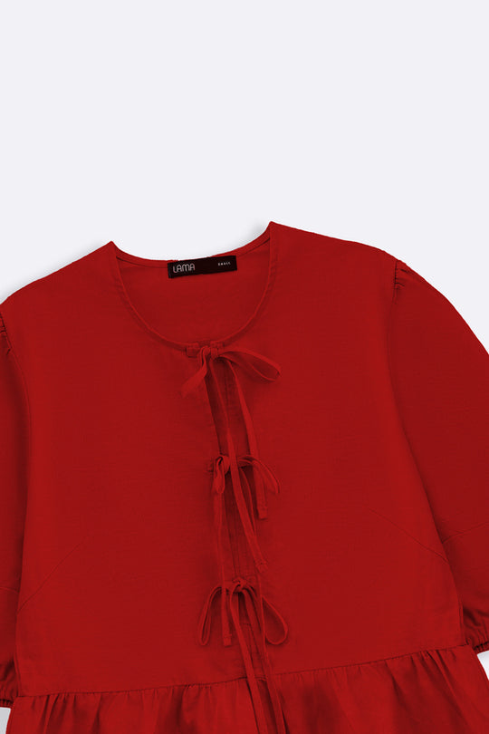 RED LINEN COTTON FLOUNCE TOP