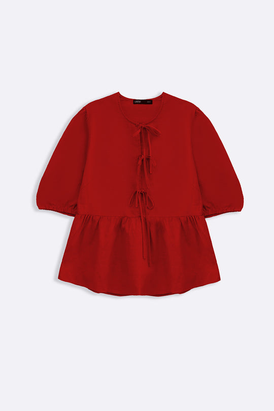 RED LINEN COTTON FLOUNCE TOP