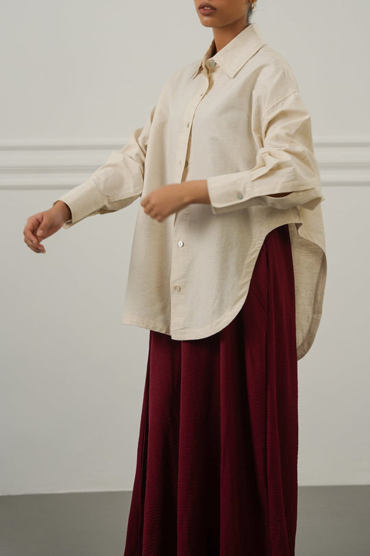CREAM TENCEL LINEN CUT HEM SHIRT