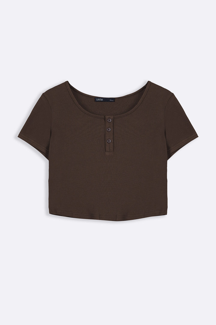 DARK BROWN HENLEY CREW TEE