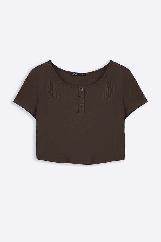 DARK BROWN HENLEY CREW TEE