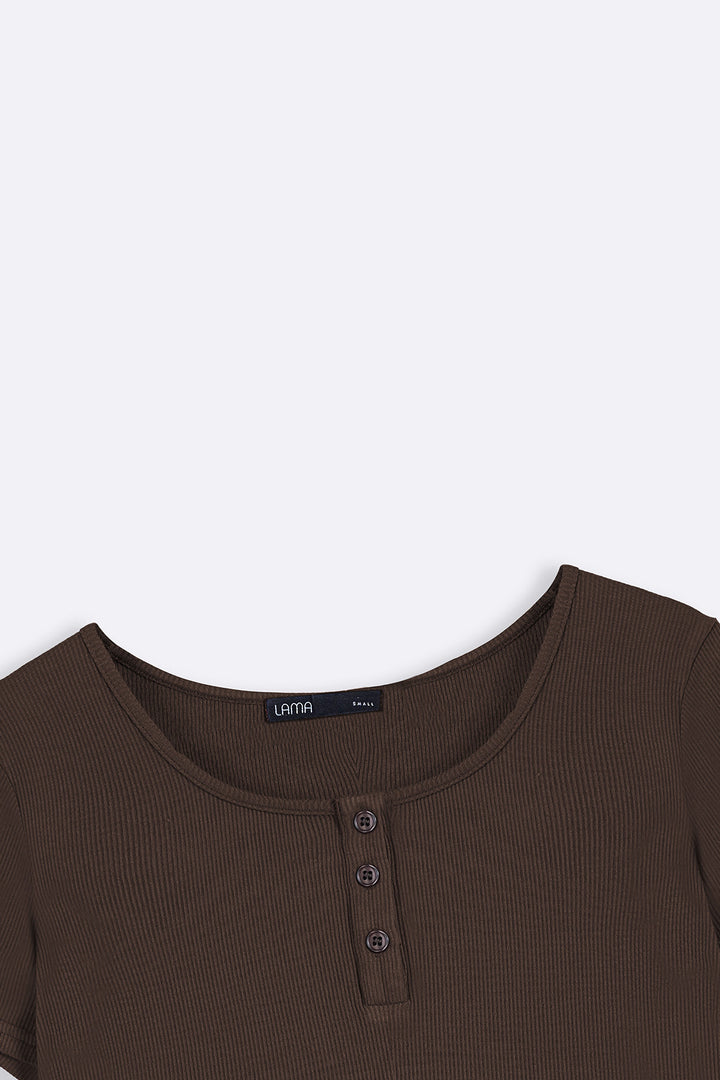 DARK BROWN HENLEY CREW TEE