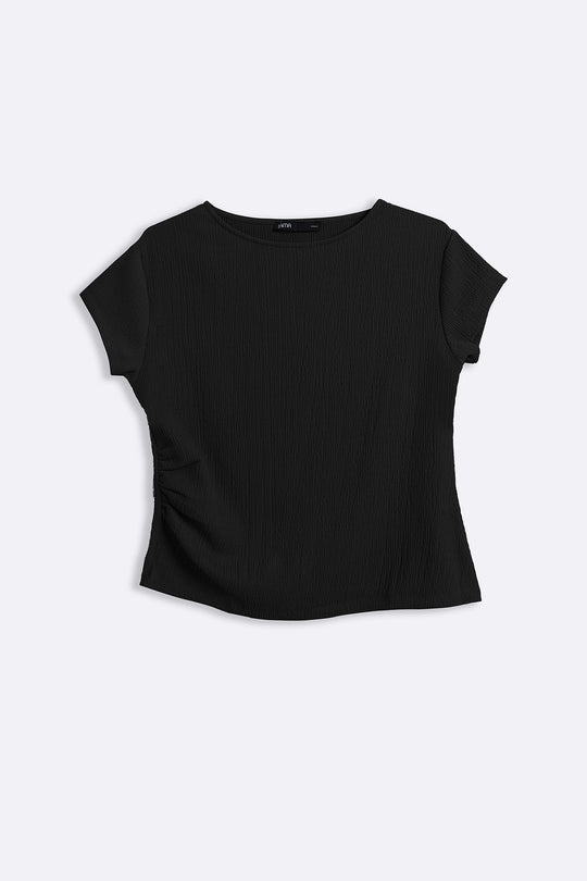 BLACK PLEATED WAIST TEE
