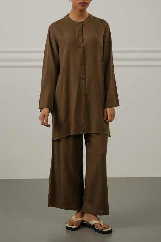 BROWN LINEN BLEND EASE SHIRT