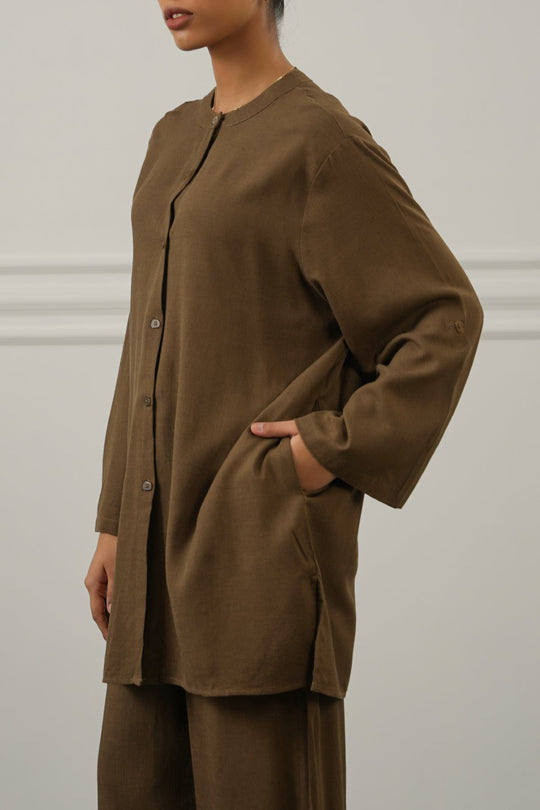 BROWN LINEN BLEND EASE SHIRT