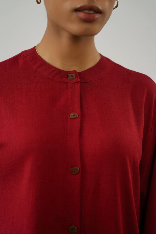 RED LINEN BLEND EASE SHIRT