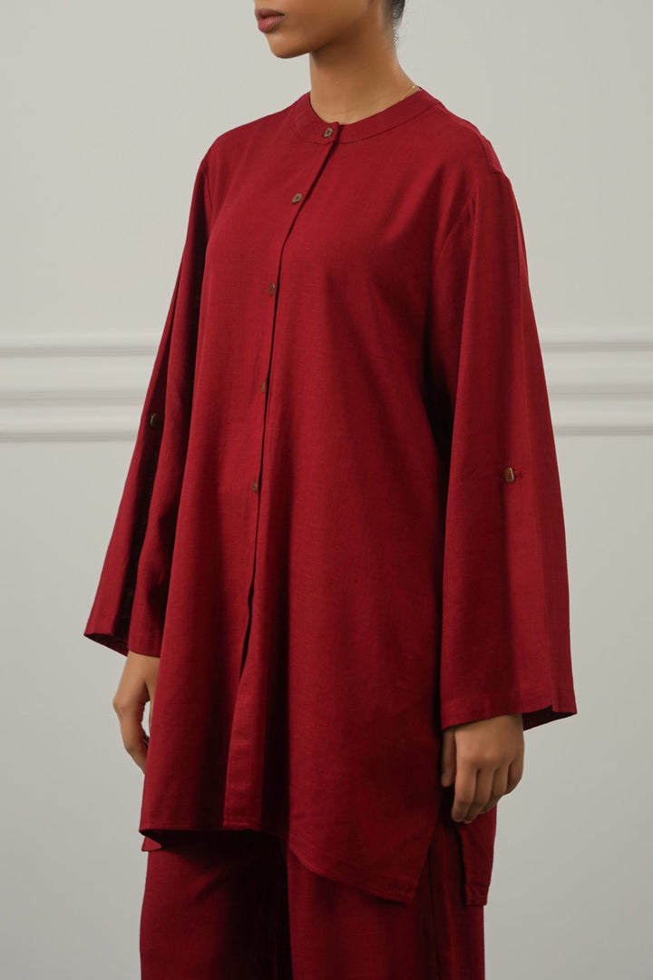 RED LINEN BLEND EASE SHIRT