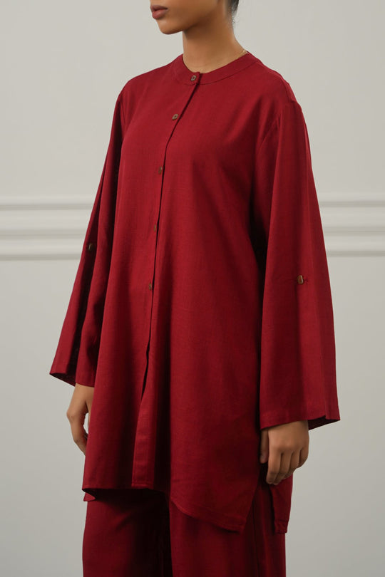 RED LINEN BLEND EASE SHIRT