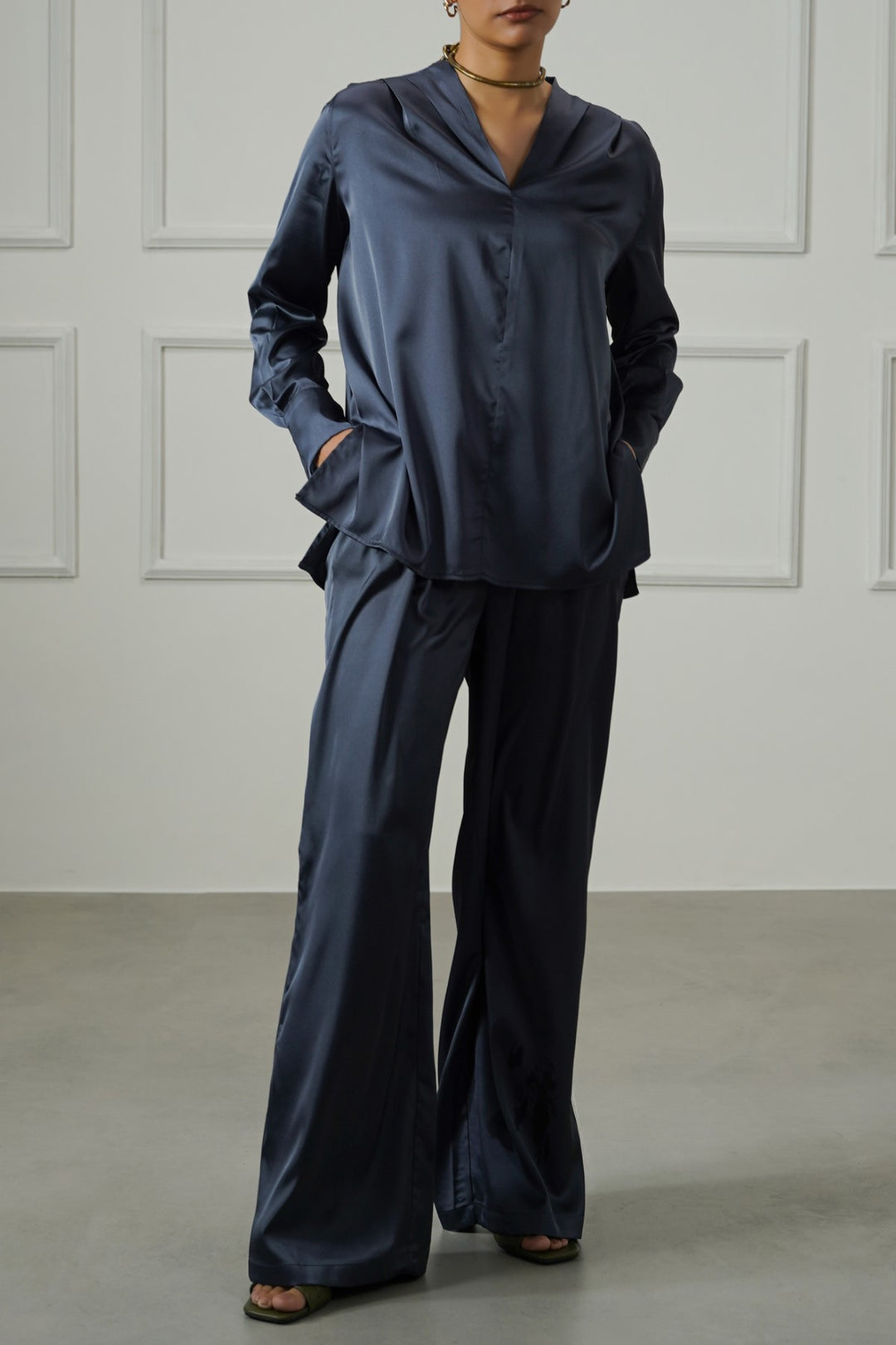 MIDNIGHT BLUE SATIN FORMAL BLOUSE