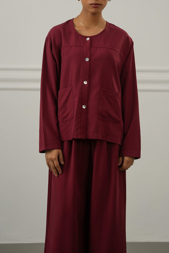 BURGUNDY TENCEL-LINEN POCKET BLOUSE