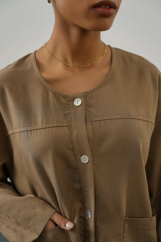 TAUPE TENCEL-LINEN POCKET BLOUSE