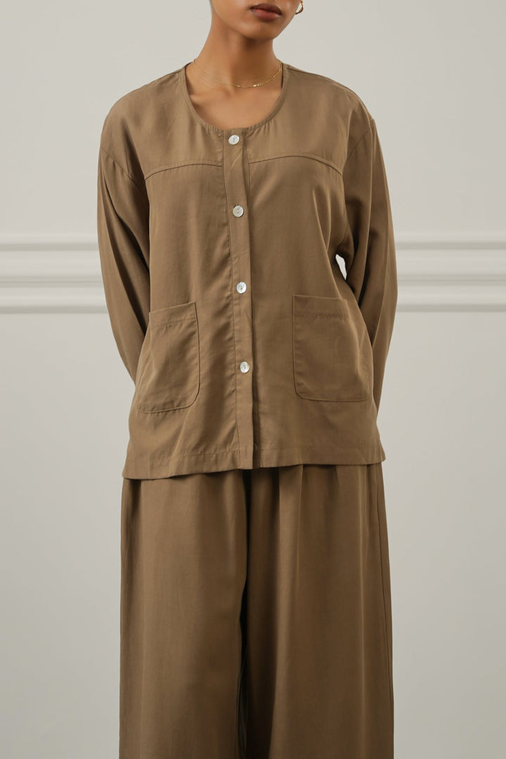 TAUPE TENCEL-LINEN POCKET BLOUSE