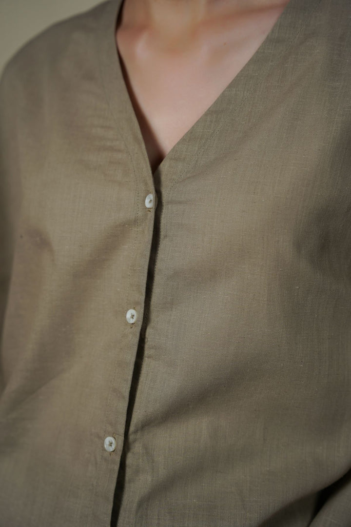 BEIGE V NECK BUTTON BLOUSE