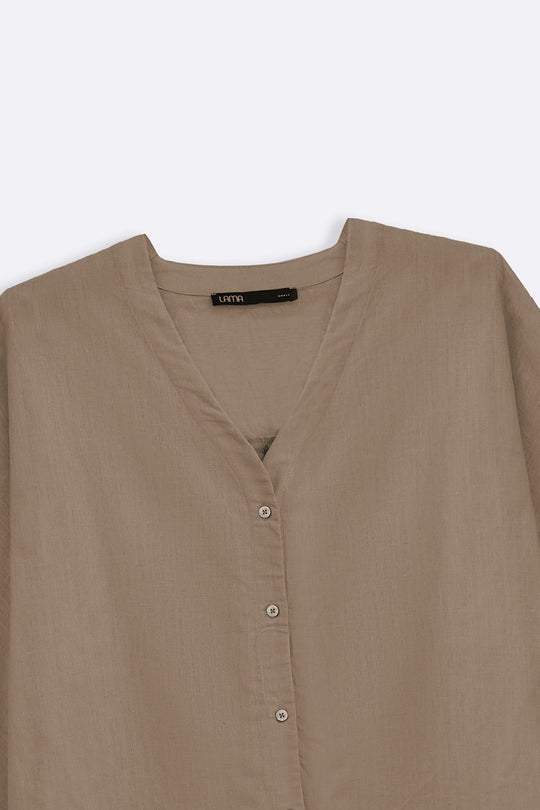 BEIGE V NECK BUTTON BLOUSE
