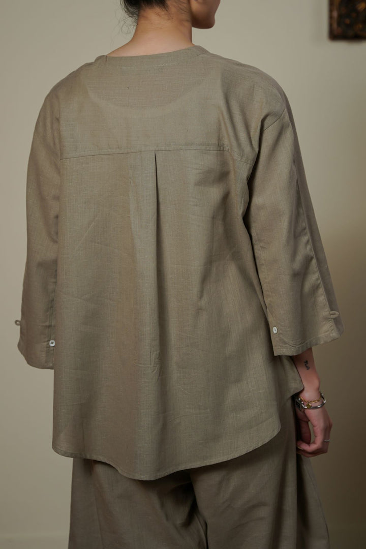 BEIGE V NECK BUTTON BLOUSE