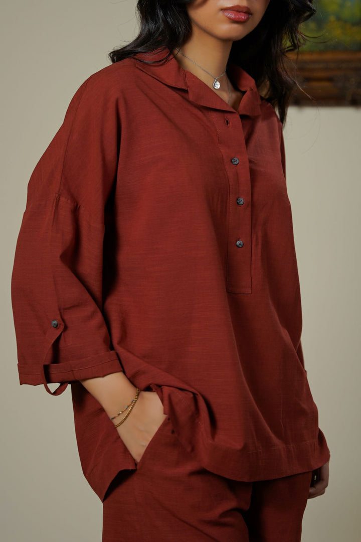RUST HALF-BUTTON SUMMER SHIRT