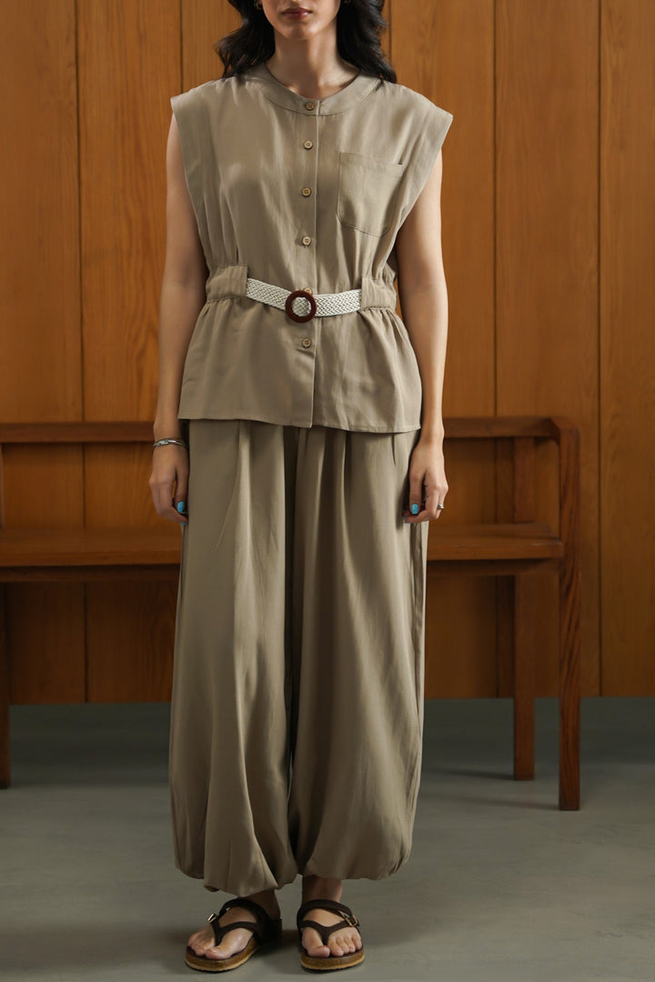 TAUPE BELTED SAFARI TOP