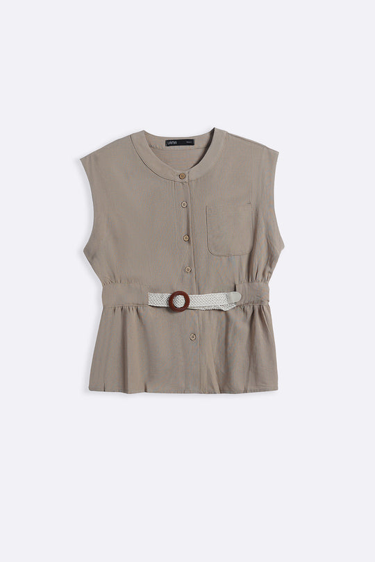 TAUPE BELTED SAFARI TOP