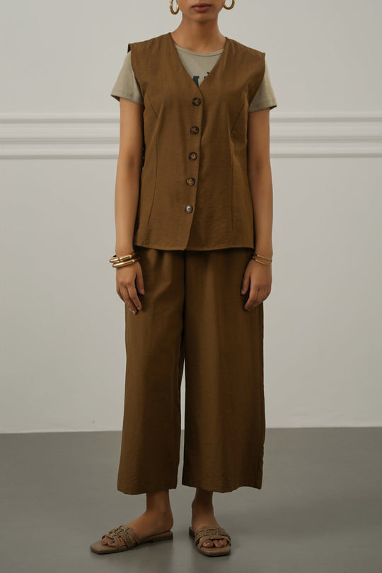 BROWN CASUAL COTTON MIX VEST
