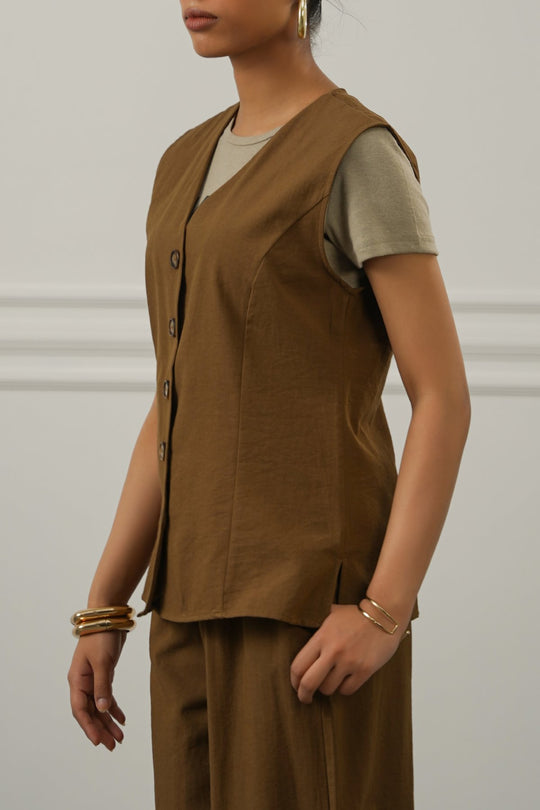 BROWN CASUAL COTTON MIX VEST