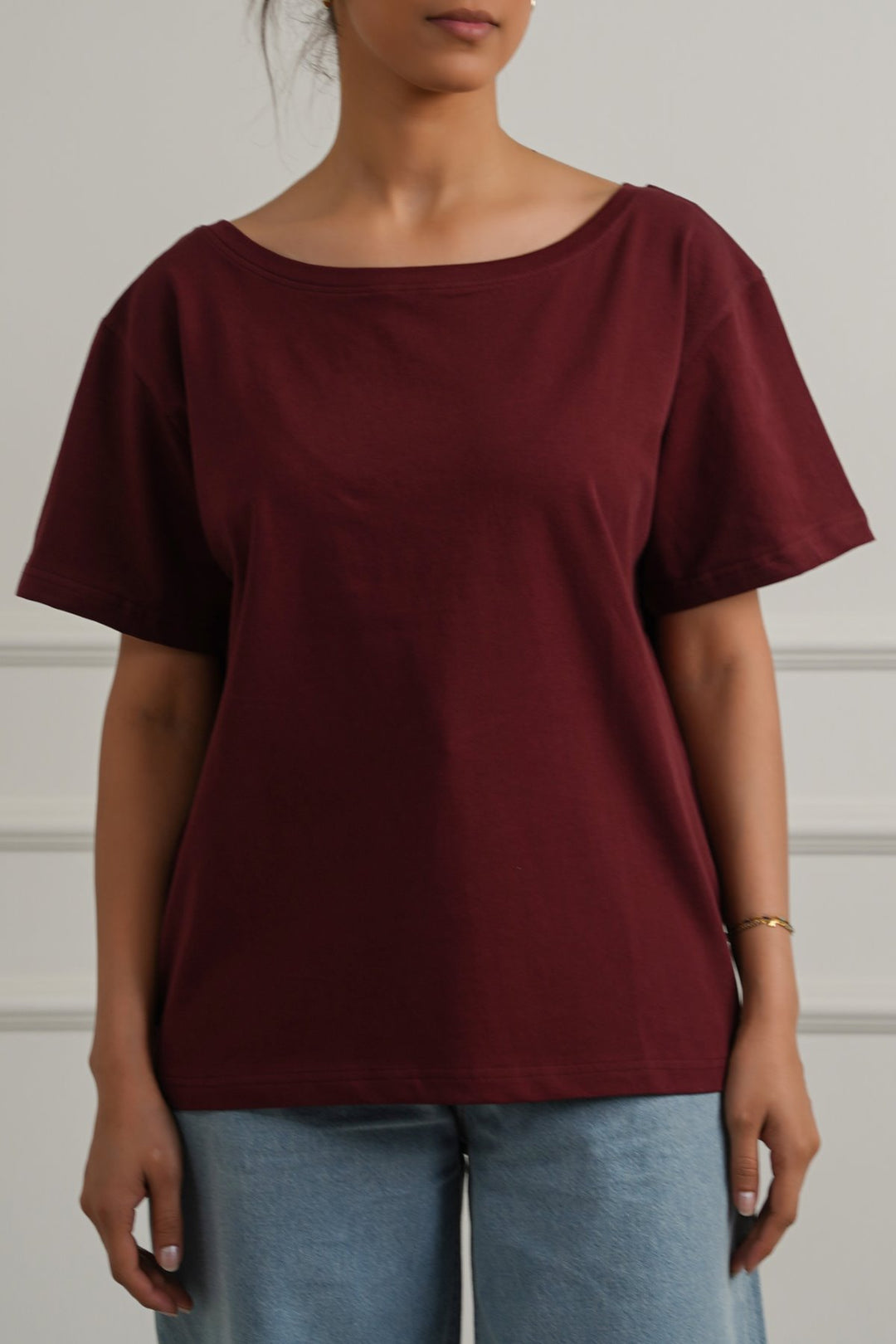 MAROON OFF SHOULDER PLAIN TEE