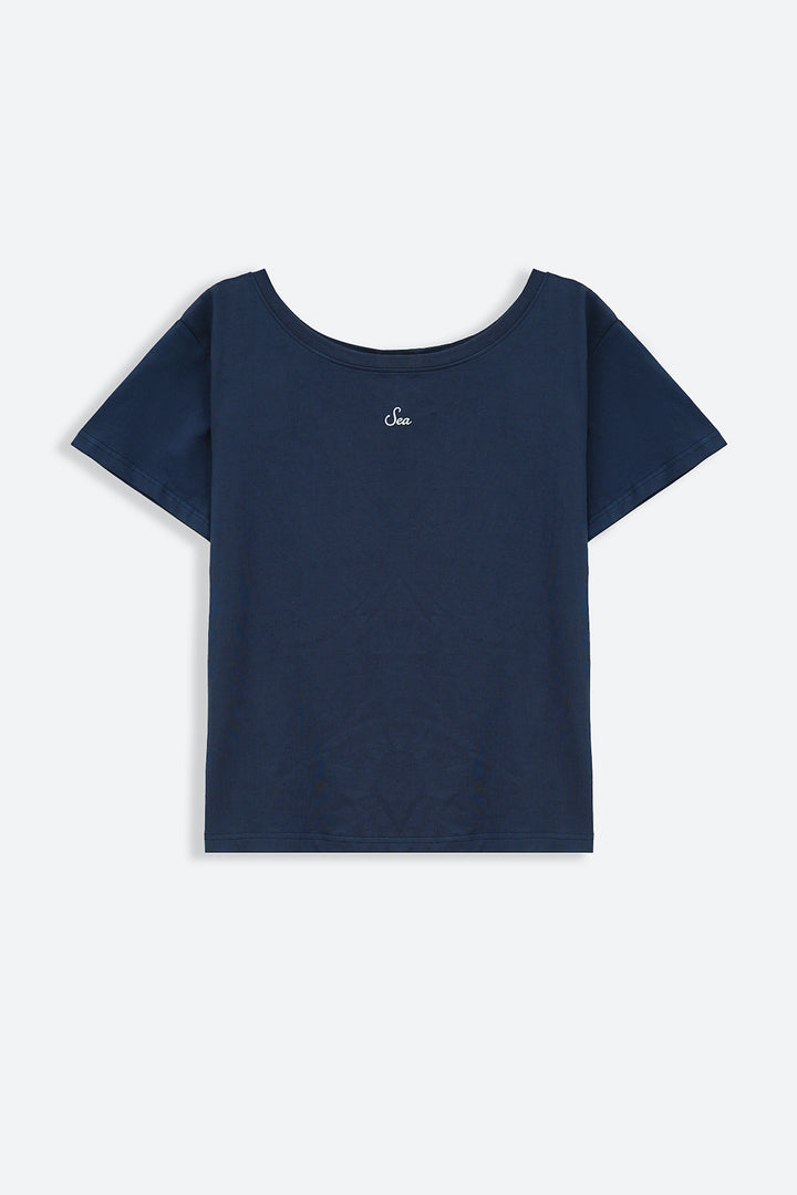 NAVY OFF SHOULDER TEXT TEE