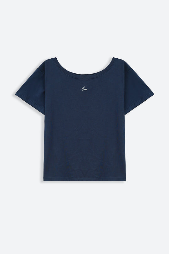 NAVY OFF SHOULDER TEXT TEE