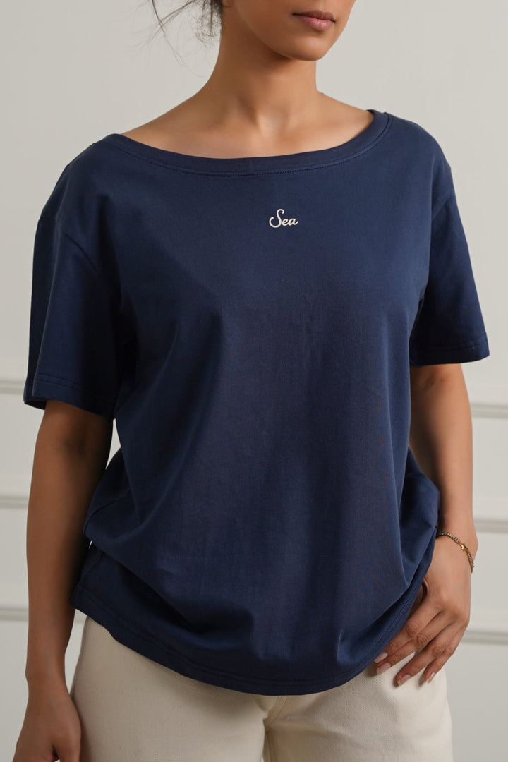 NAVY OFF SHOULDER TEXT TEE
