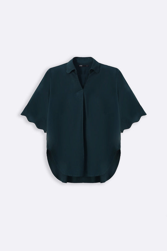 FOREST GREEN LINEN BLEND SCALLOP SHIRT