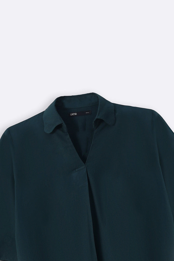 FOREST GREEN LINEN BLEND SCALLOP SHIRT