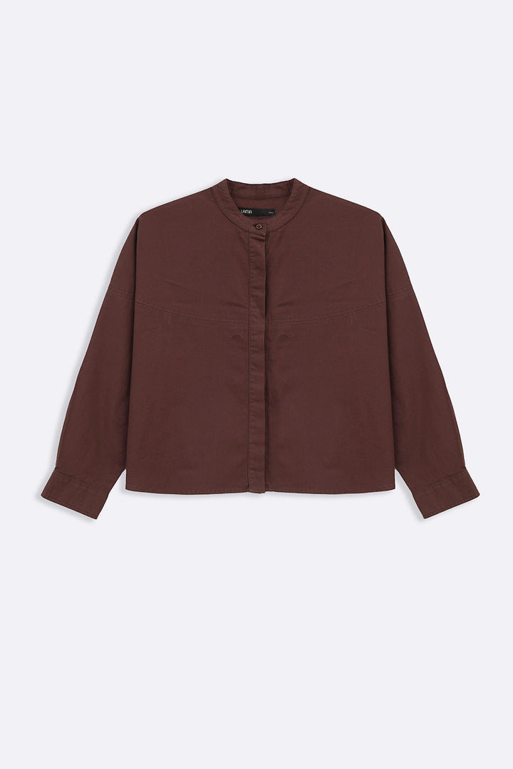 BROWN OVERSIZED BAND COLLAR SHIRT