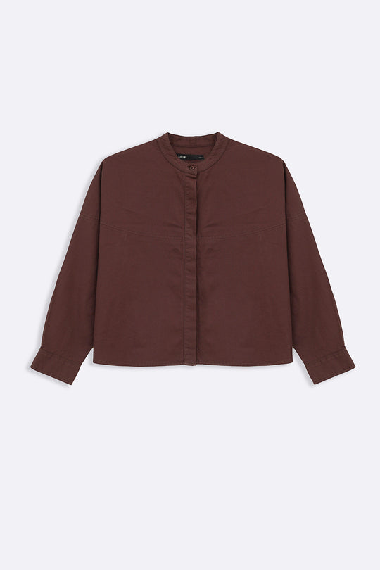 BROWN OVERSIZED BAND COLLAR SHIRT