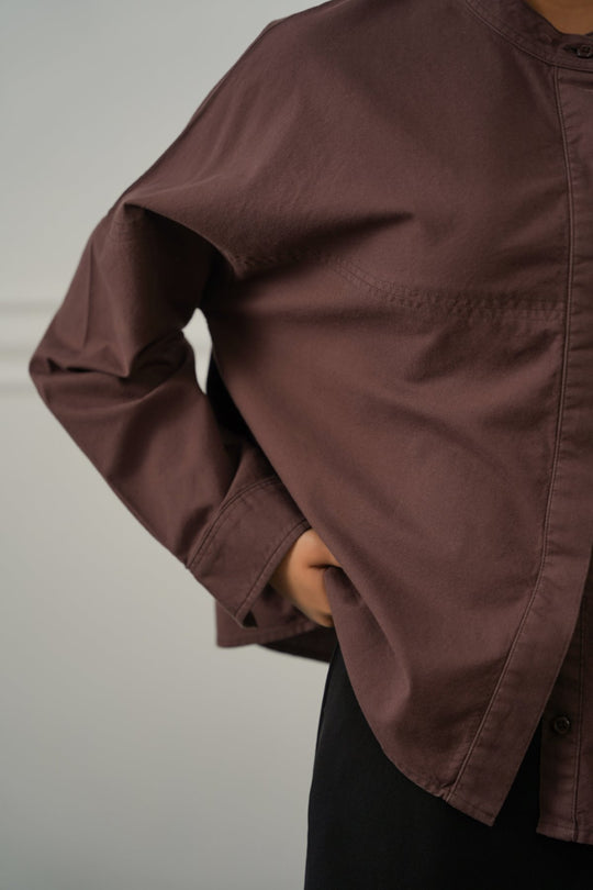 BROWN OVERSIZED BAND COLLAR SHIRT