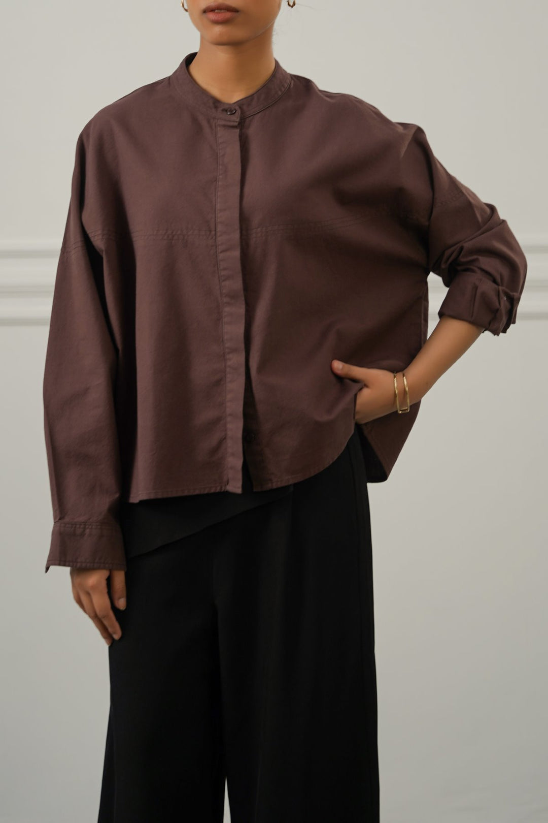 BROWN OVERSIZED BAND COLLAR SHIRT